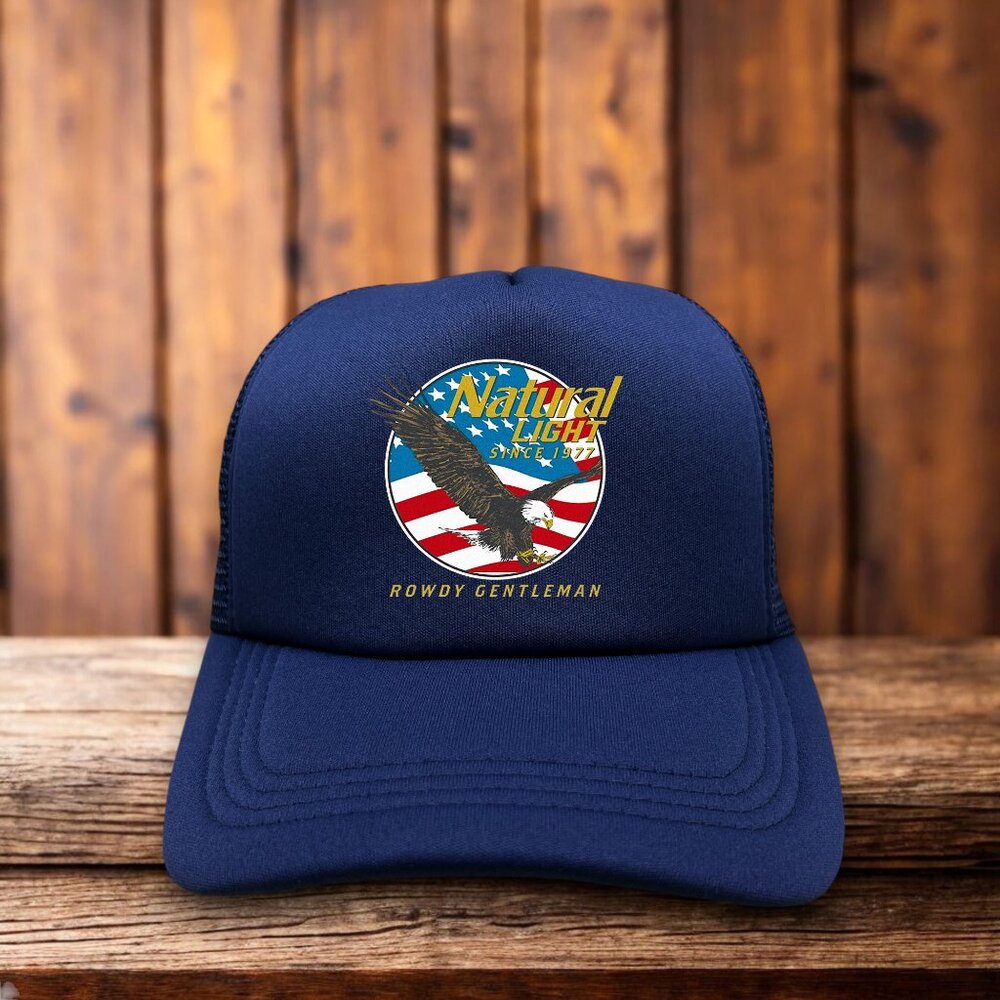 Natty Light Rowdy Gentleman Mens Trucker Hat Navy Snapback IPA 80s Beer Cap